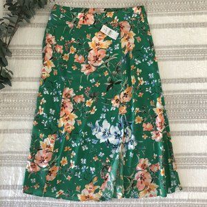 LOFT Green Floral Midi Skirt